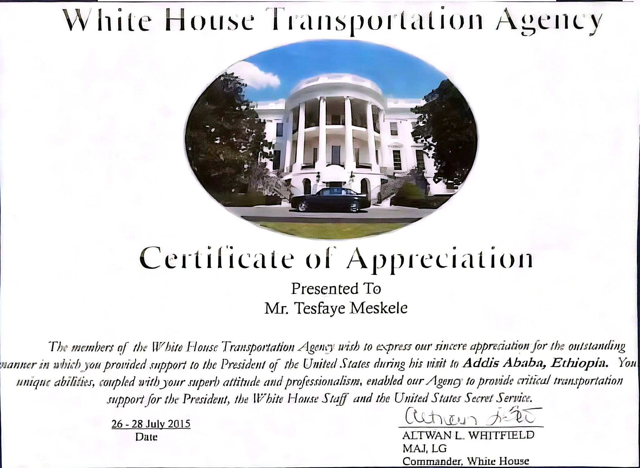 Appreciation from White House Motor Agency